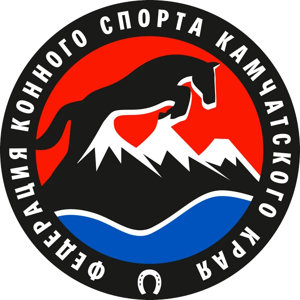 Эмблема Федерации конного спорта Камчатского края: лошадь, Ключевская сопка и океан в цветах герба края